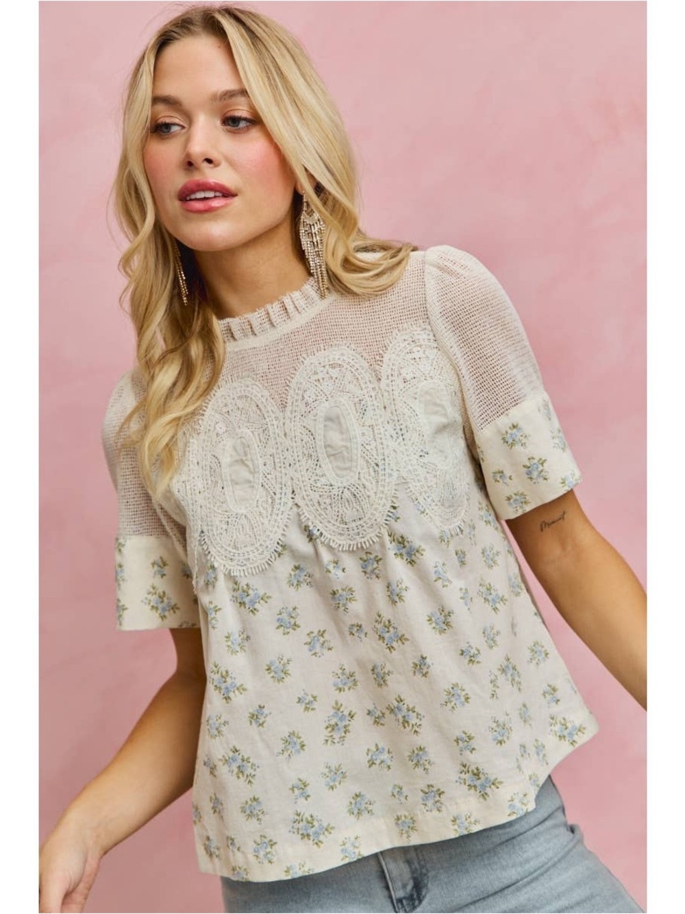 So Me BLUE FLORAL PRINT LACE TRIM COTTON BLOUSE TOP - Picture 10 of 10